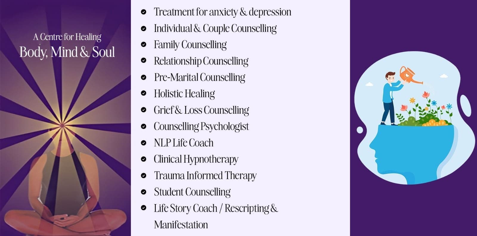 Holistic Healing Centre services: anxiety & depression, individual, couple, family, relationship and pre-marital counselling, holistic healing, grief & loss, counselling psychologist, NLP life coach, clinical hypnotherapy, trauma informed therapy, student counselling, life story coaching