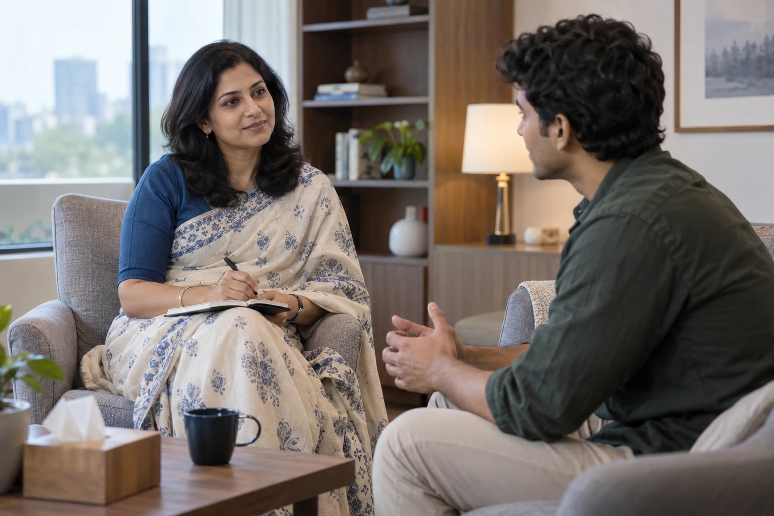 Illustrative photograph of a counsellor listening attentively to a male client