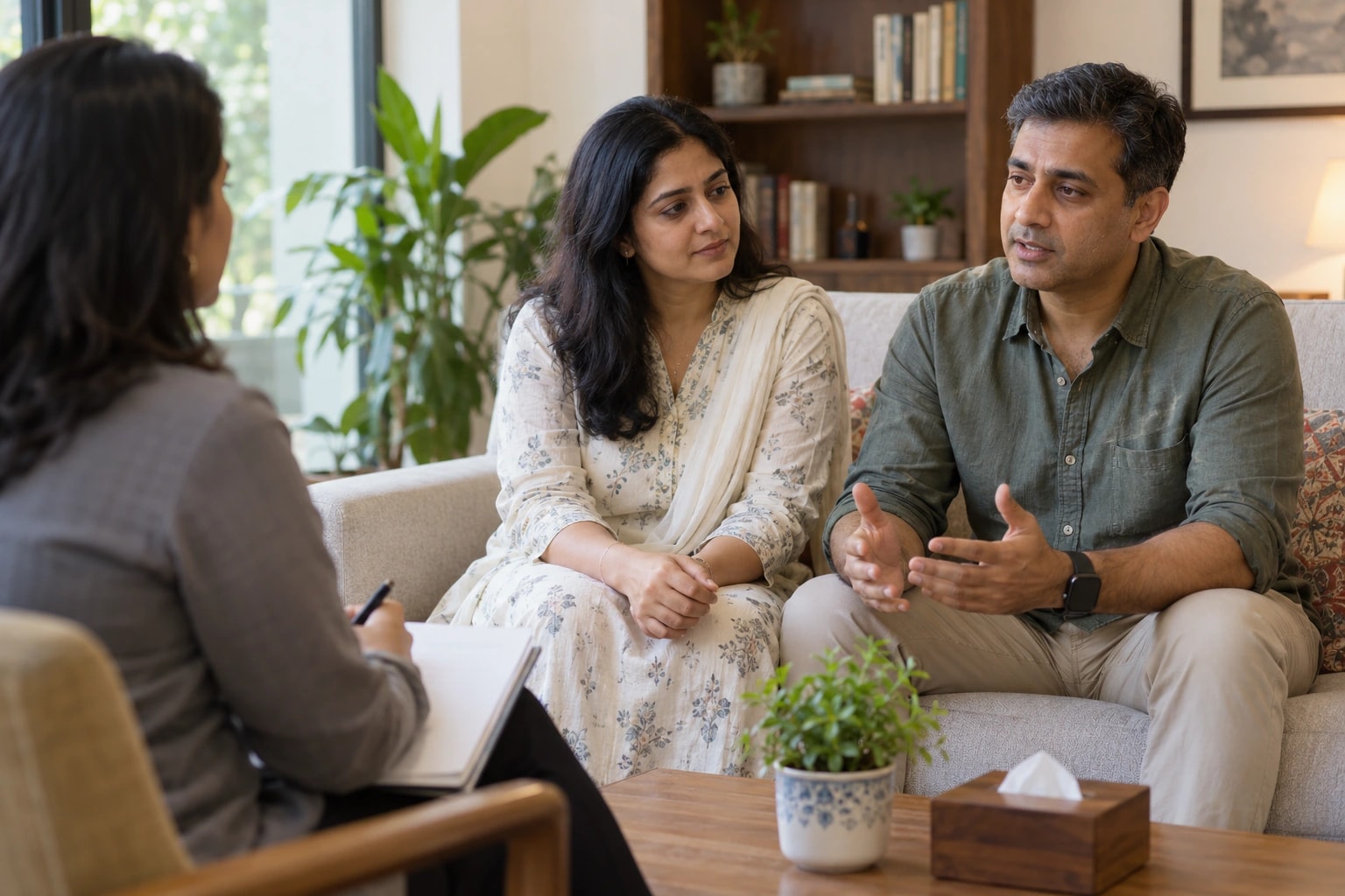 Illustrative photograph of a couple talking with a relationship counsellor