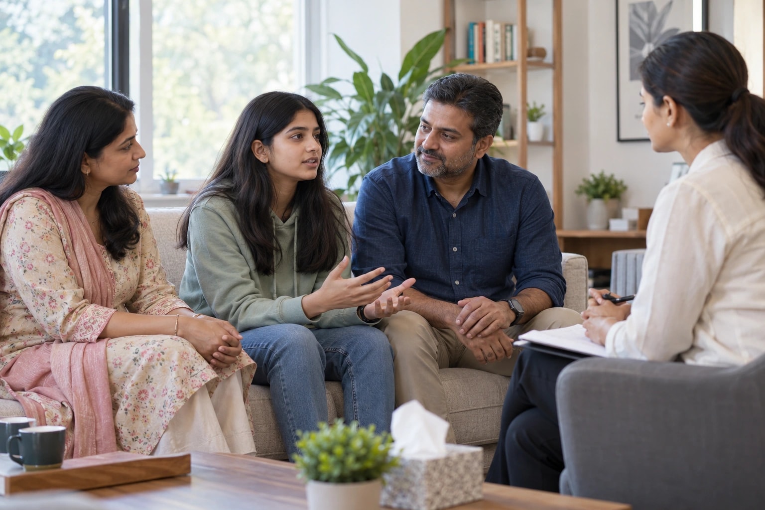 Illustrative photograph of parents listening to their teenage daughter during family counselling