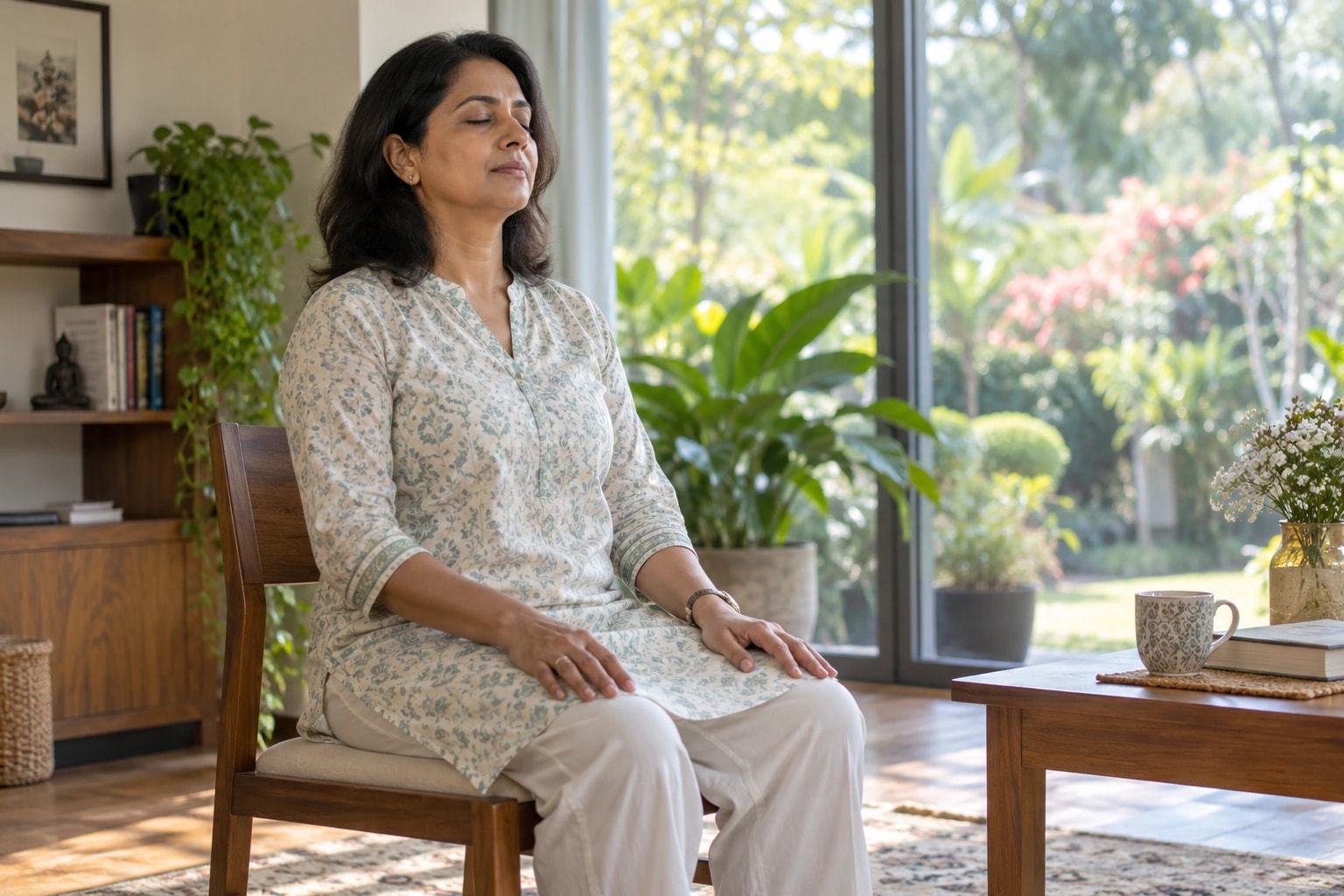 Illustrative photograph of a woman practising mindful breathing while seated comfortably