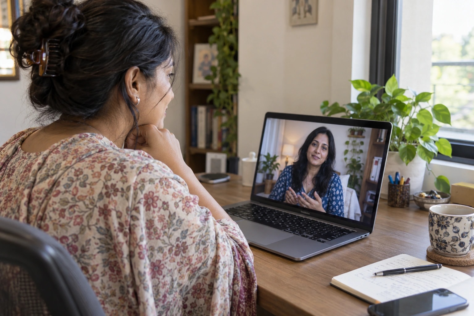 Illustrative photograph of a woman attending a private online counselling session