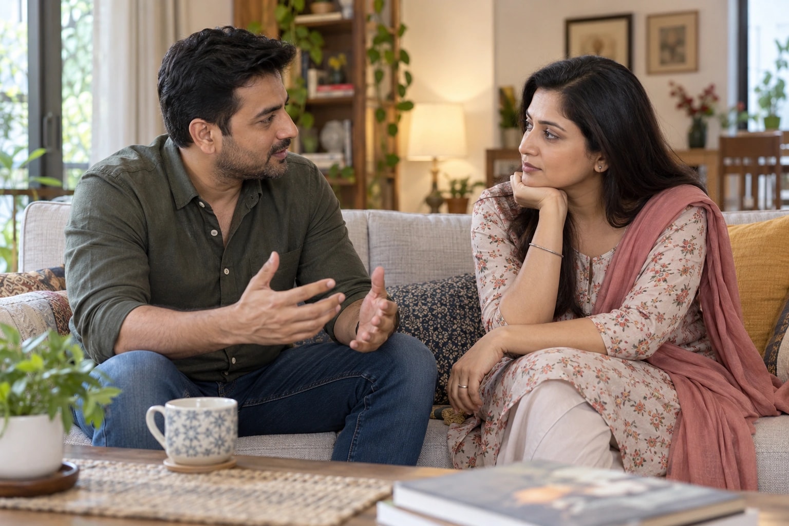 Illustrative photograph of a couple having a respectful conversation at home