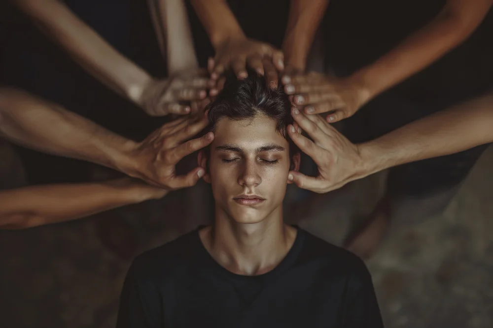 A young man with eyes closed while several caring hands rest on his head