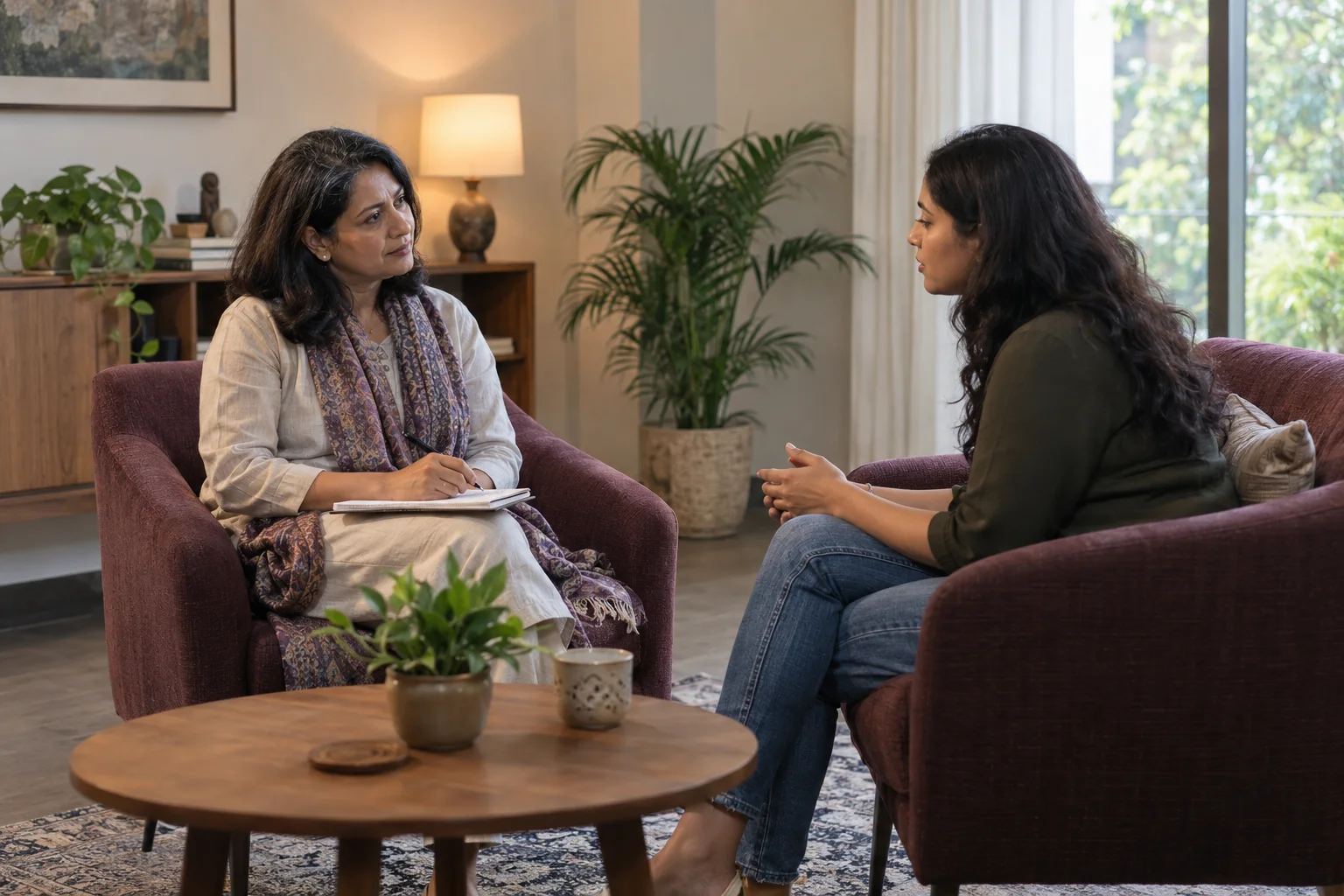 Illustrative scene of an Indian woman speaking with a counsellor in a private consultation room